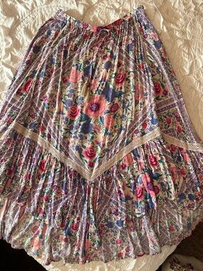 Spell Boho Floral Tiered Maxi Skirt - Pink & Purple